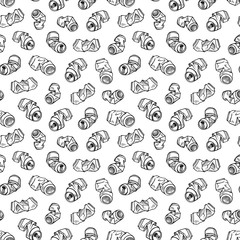 Seamless pattern of recyclable materials. Hand drawn illustration of crumpled aluminum cans. Black print on white background.