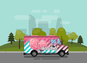 Fototapeta na wymiar Cotton Candy, a kiosk on wheels, retail, candy and confectionery, illustrated and flat style vector illustration against the background of the city. Dried Cloud Dessert Illustration for your projects