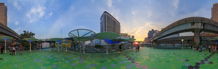 Fototapeta na wymiar 360 panorama MBK sky walk / Walk way new design in front of the MBK center shopping mall in Bangkok