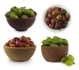Gooseberries fruits isolated on white background. Gooseberries in a bowl with copy space for text. Ripe gooseberry close-up. Background berry. Sweet and juicy berry.