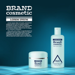 3D realistic cosmetic bottle ads template. Cosmetic brand advertising concept design with abstract glowing waves