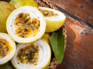 Passion fruit in bamboo basket. Tropical fruit. Sour taste, higth vitamin. Diet dessert.