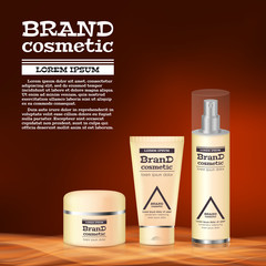 3D realistic cosmetic bottle ads template. Cosmetic brand advertising concept design with abstract glowing waves
