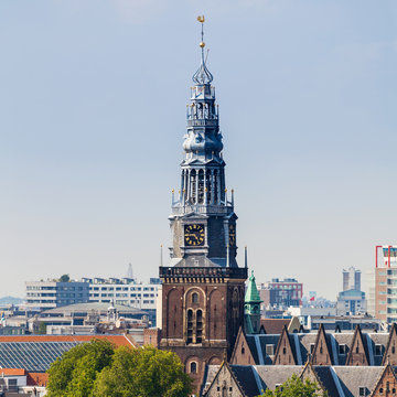 Panorama of the old city quarter in Amsterdam. Aerial view.