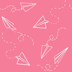 Seamless pattern with vector paper airplane. Travel, route symbol. Vector illustration of  background with hand drawn paper plane. Outline. Hand drawn doodle airplane. Black linear paper plane icon