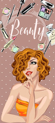 Beautiful pin-up style sexy woman with red hair dreaming about beauty products for makeup. Beauty and fashion industry advertising vertical banner vector illustration