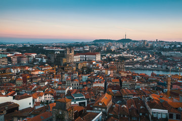 Fototapeta na wymiar Bird's-eye view old downtown of Porto at dusk, Portugal..