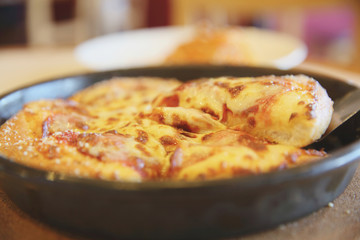 Pepperoni pizza , pizza with pepperoni mozzarella cheese and tomatoes with sauce background italian food