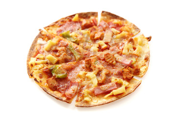 pizza , chicken green pepper pineapple isolated in white background
