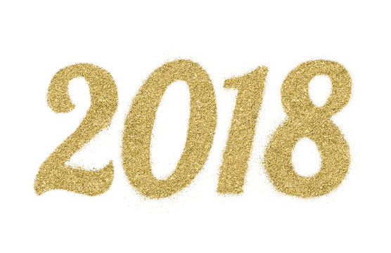 2018 of gold glitter on white background, symbol of New Year for your greeting card design.