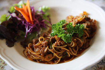 Spaghetti bolognese beef tomato sauce with vegetables italian food