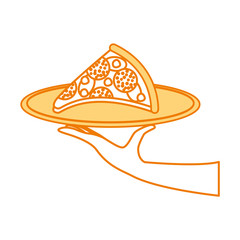 hand holding pizza with cheese pepperoni tasty fast food vector illustration