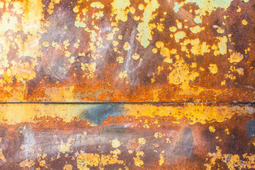 Texture rusty metal wall with peeling paint.