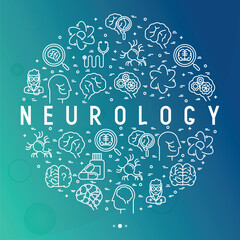Neurology concept in circle with thin line icons: brain, neuron, neural connections, neurologist, magnifier. Vector illustration for background of medical survey or report. - obrazy, fototapety, plakaty