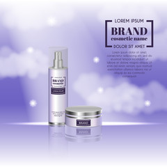3D realistic cosmetic bottle ads template. Cosmetic brand advertising concept design on sky background with clouds