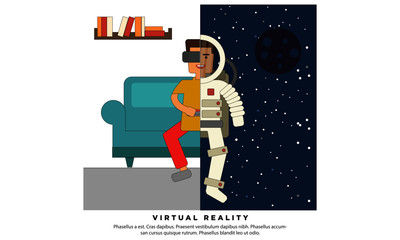 Virtual Reality VR Gaming In Outer Space (Vector Illustration in Line Art Flat Style Design)