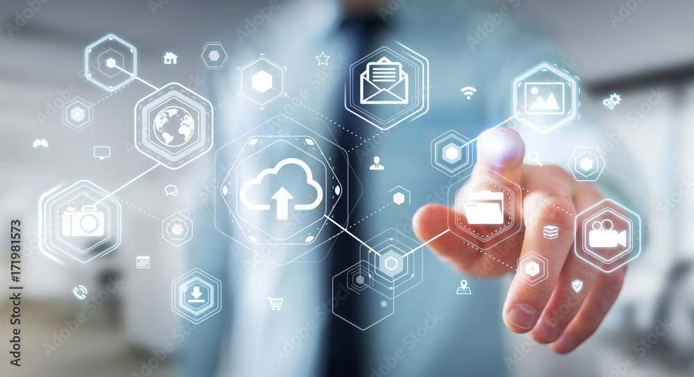 Aufkleber Businessman using digital cloud interface 3D rendering