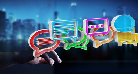 Businesswoman using digital colorful 3D rendering conversation icons