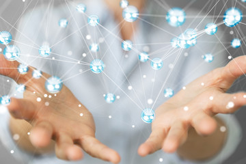 Businesswoman using flying network balls connection 3D rendering