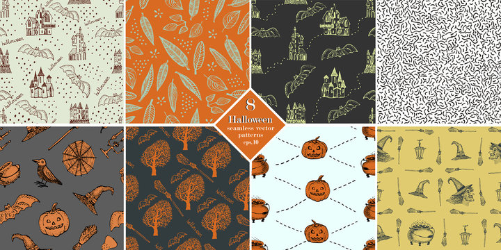 Happy Halloween seamless pattern set. Halloween vector backgrounds.