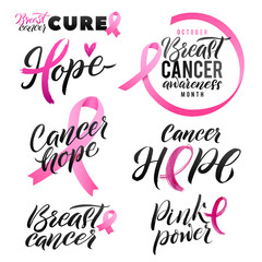 Breast Cancer Awareness Vector Set. Calligraphy Poster Design. Stroke Pink Ribbon. October is Cancer Awareness Month