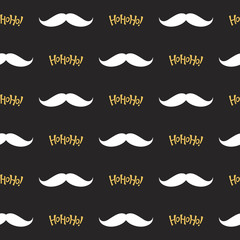 Christmas seamless pattern with Santa’s mustache and Ho Ho Ho! lettering in black, white and golden colors