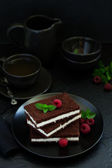 Delicate chocolate creamy cake with raspberries.