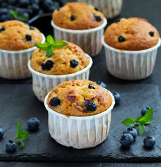 Oat muffins with blueberries on a dark background.