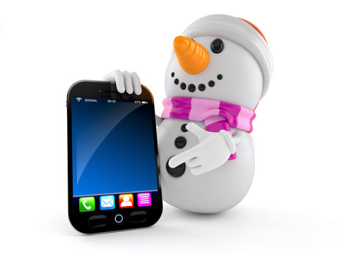 Snowman character with smart phone