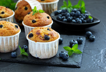 Oat muffins with blueberries on a dark background.