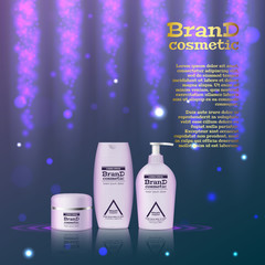 3D realistic cosmetic bottle ads template. Cosmetic brand advertising concept design with glitters and bokeh background