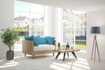 Idea of white room with sofa and summer landscape in window. Scandinavian interior design. 3D illustration