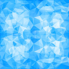 Fototapeta premium A vibrant blue geometric abstract background composed of numerous faceted triangles that form a modern, crystalline lowpoly mosaic pattern with glowing light effects.