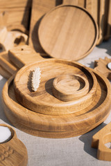 wooden board on the tablecloth