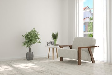 White room with armchair and green landscape in window. Scandinavian interior design. 3D illustration