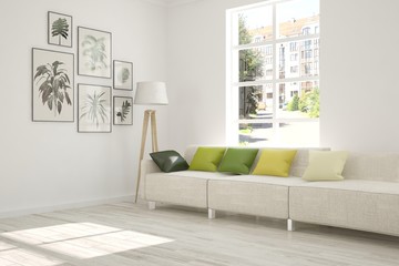 Idea of white minimalist room with sofa. Scandinavian interior design. 3D illustration