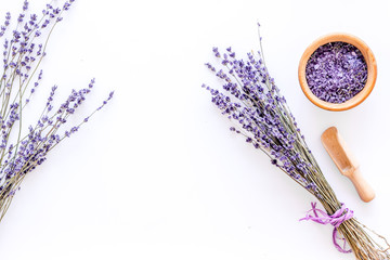 natural cosmetics with lavender and herbs for homemade spa on white background top view mock up
