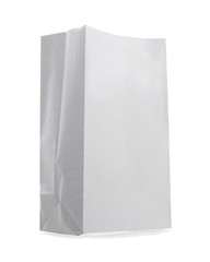 White paper bag isolated on white background.