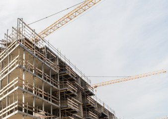 Construction site with houses and steel cranes
