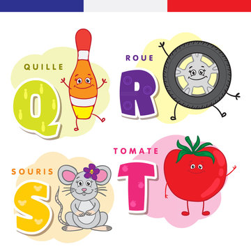 French alphabet. Skittles, wheel, mouse, tomato. Vector letters and characters