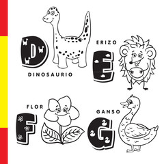Spanish alphabet. Dinosaur, hedgehog, flower, goose. Vector letters and characters.