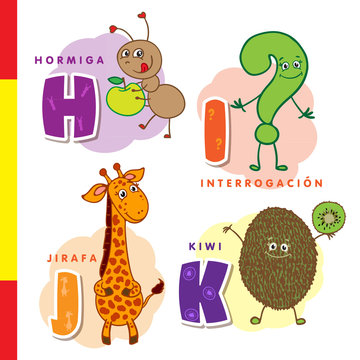 Spanish alphabet. Ant, question, giraffe, kiwi. Vector letters and characters.