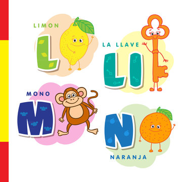 Spanish alphabet. Lemon, key, monkey, orange. Vector letters and characters.