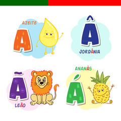 Portuguese alphabet. Olive oil, lion, pineapple. The letters and characters.