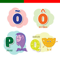 Portuguese alphabet. Fish, cheese. The letters and characters.