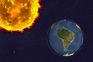 The Sun and the Earth showing South America, 3D illustration. Elements of this image furnished by NASA