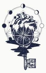 Heart and vintage key tattoo and t-shirt design. Compass in the heart steampunk tattoo, geometric style. Symbol of travel and love vector. Surreal anatomical heart tattoo boho style. Love tattoo