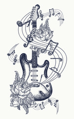 Guitar tattoo. Electric guitar, roses and music notes. Rock and roll t-shirt design. Symbol of rock music, musical festivals. Electric guitar tattoo art print