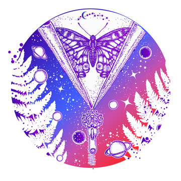 Universe and butterfly tattoo art. Symbol of esoterics, galaxy, universe, meditation, mysticism, astrology, dream. Surreal Universe, planet and star t-shirt design