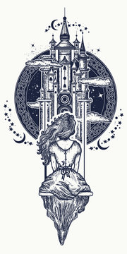 Magic girl tattoo and t-shirt design. Medieval castle and girl on swing flies to sky tattoo art. Symbol of dream, love, imagination, adventures, fairy tale
